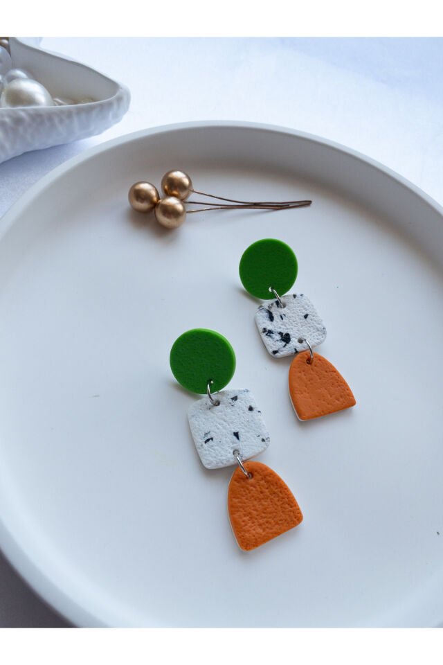 Özel Tasarım Renkli Polimer Kil Yeşil ve Turuncu Geometrik Küpe