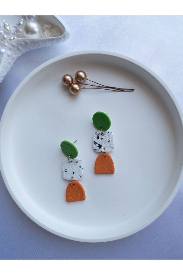 Özel Tasarım Renkli Polimer Kil Yeşil ve Turuncu Geometrik Küpe