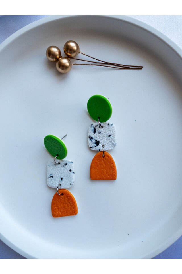 Özel Tasarım Renkli Polimer Kil Yeşil ve Turuncu Geometrik Küpe