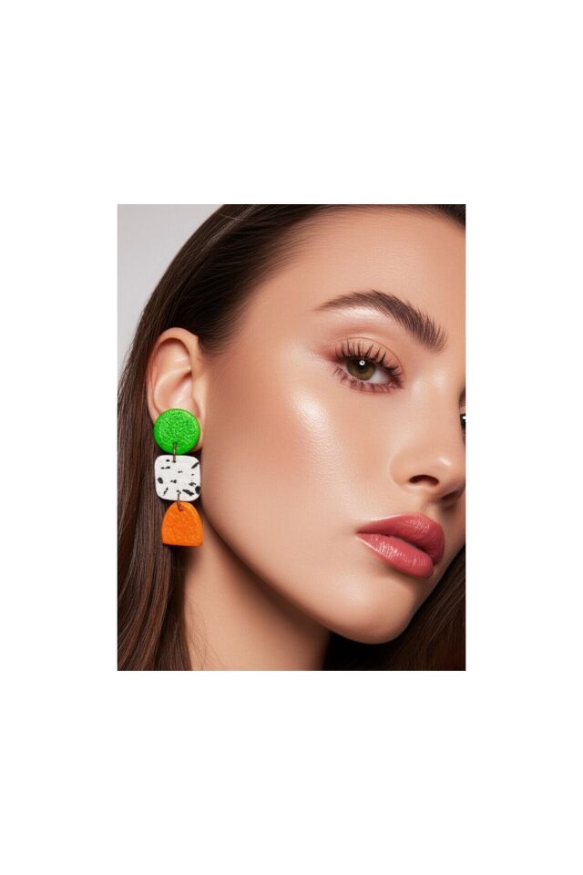 Özel Tasarım Renkli Polimer Kil Yeşil ve Turuncu Geometrik Küpe