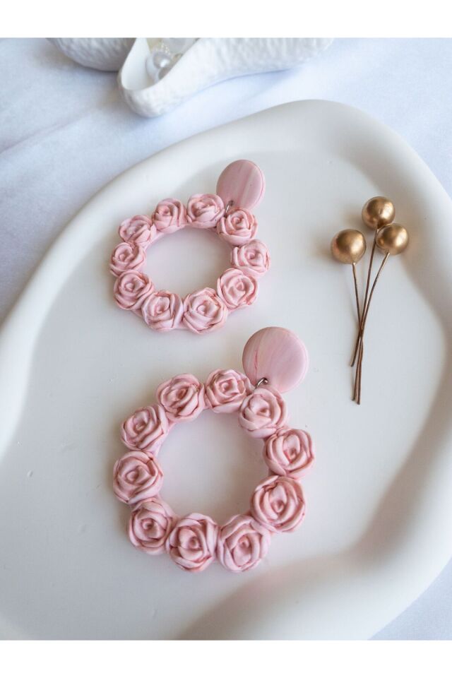 Özel Tasarım Polimer Kil Açık Pembe Gül Detay Halka Küpe