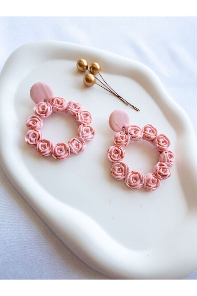 Özel Tasarım Polimer Kil Açık Pembe Gül Detay Halka Küpe