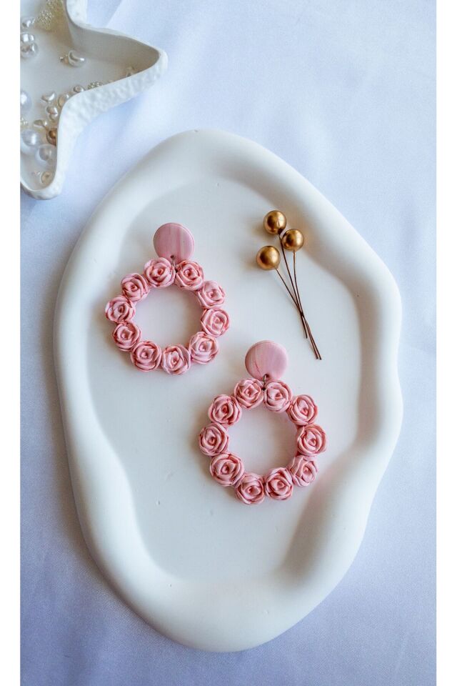 Özel Tasarım Polimer Kil Açık Pembe Gül Detay Halka Küpe