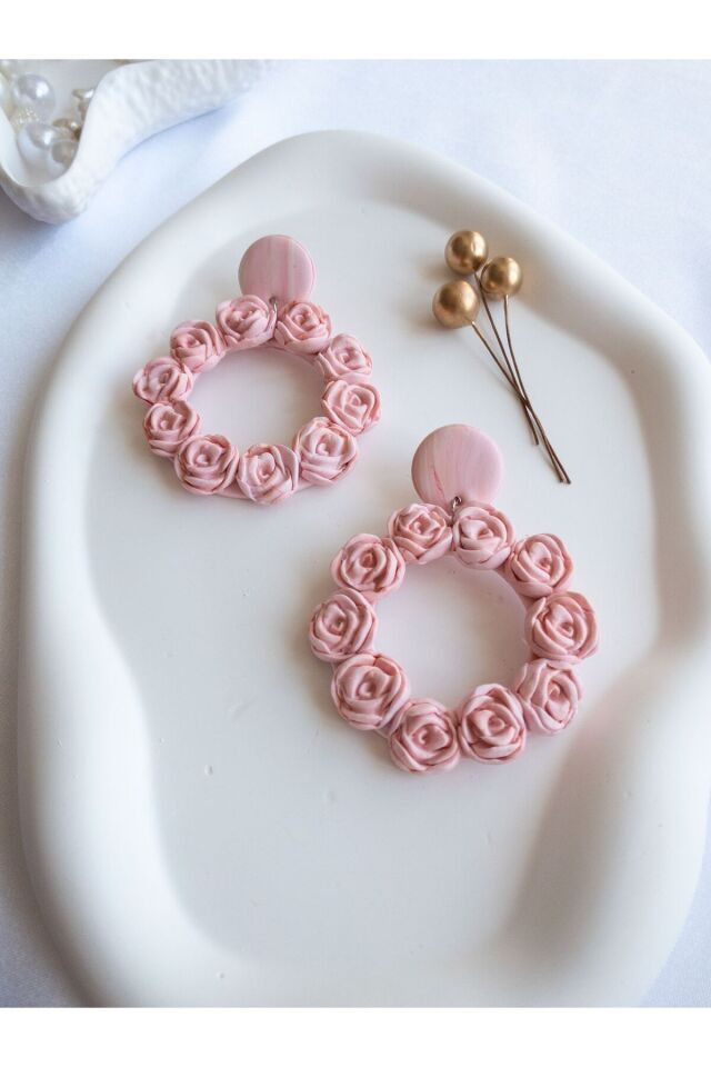 Özel Tasarım Polimer Kil Açık Pembe Gül Detay Halka Küpe