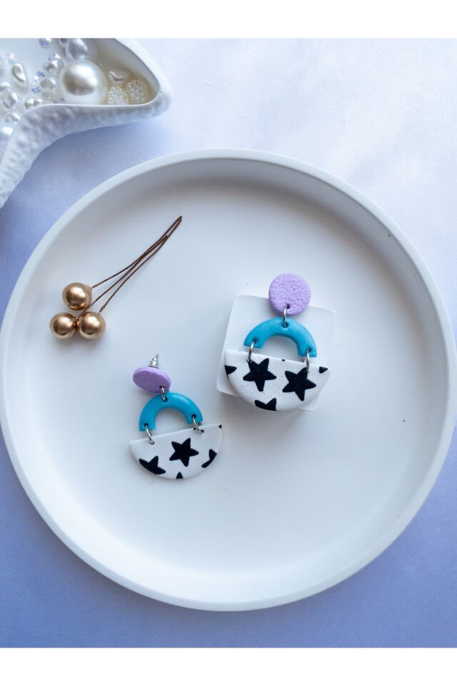 Özel Tasarım Yıldızlı Polimer Kil Mor ve Mavi Küpe