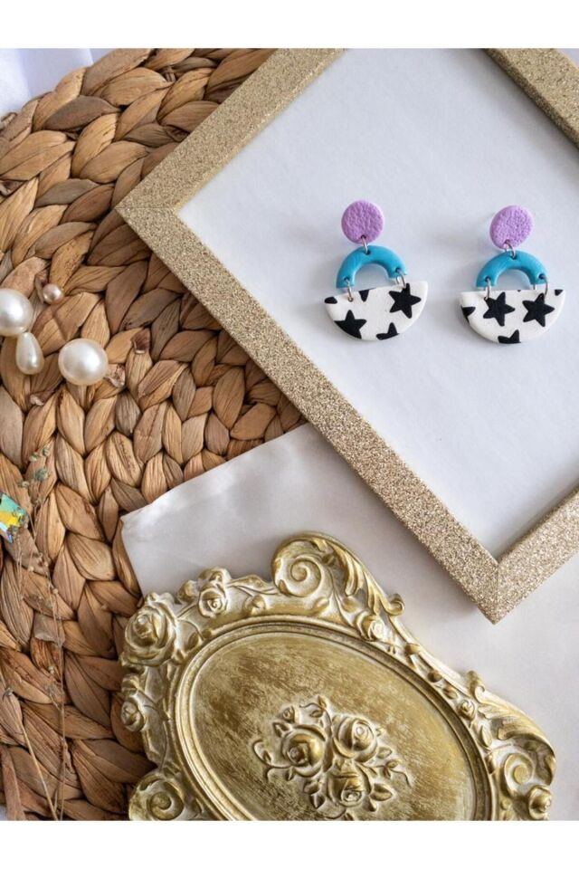 Özel Tasarım Yıldızlı Polimer Kil Mor ve Mavi Küpe