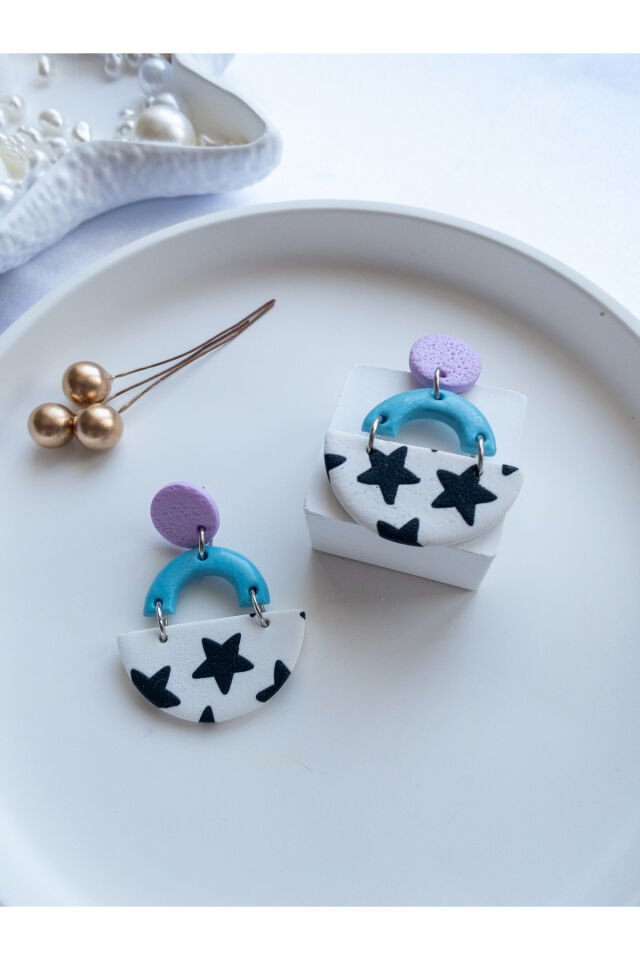 Özel Tasarım Yıldızlı Polimer Kil Mor ve Mavi Küpe