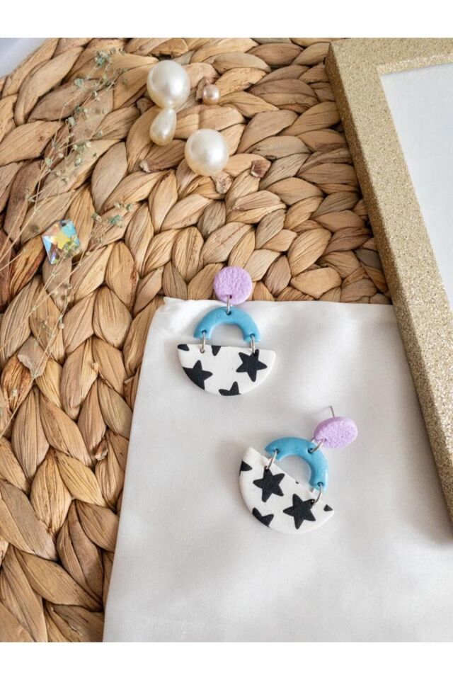 Özel Tasarım Yıldızlı Polimer Kil Mor ve Mavi Küpe