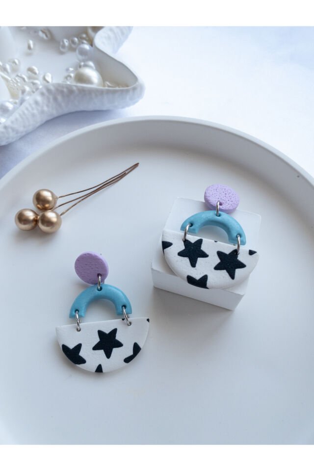 Özel Tasarım Yıldızlı Polimer Kil Mor ve Mavi Küpe