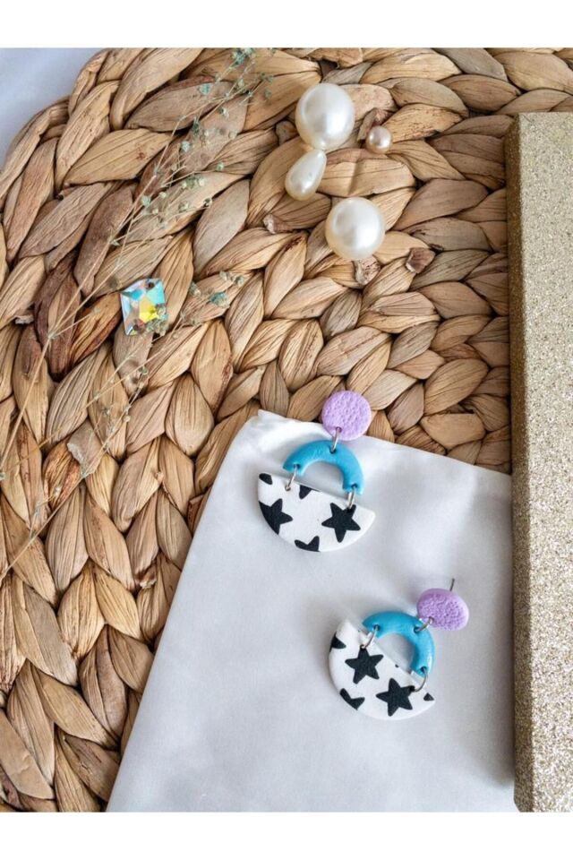 Özel Tasarım Yıldızlı Polimer Kil Mor ve Mavi Küpe