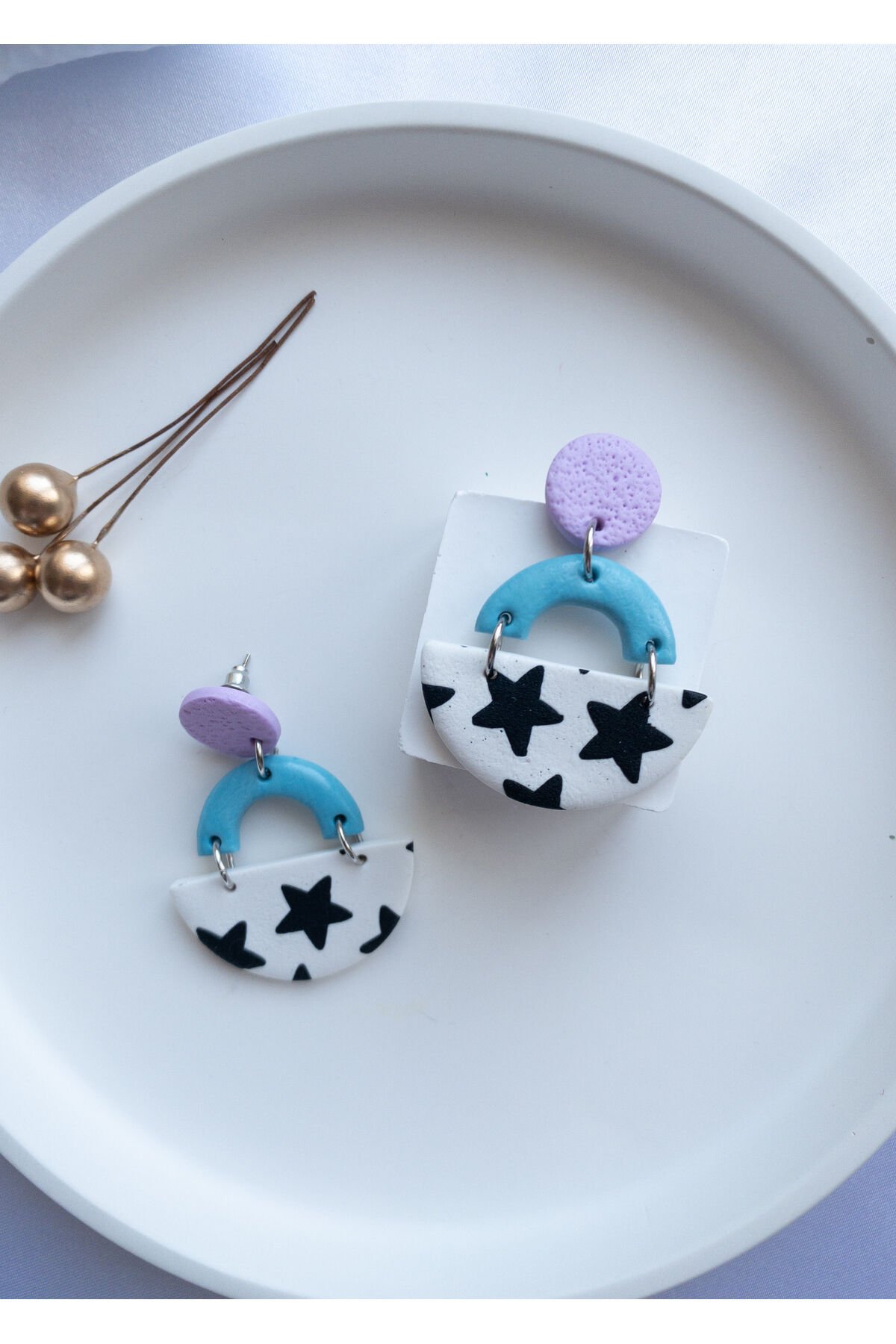 Özel Tasarım Yıldızlı Polimer Kil Mor ve Mavi Küpe