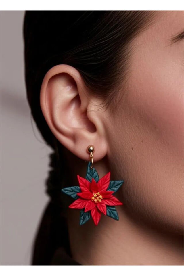 Özel Tasarım Renkli Polimer Kil Kırmızı Çiçek Detay Küpe