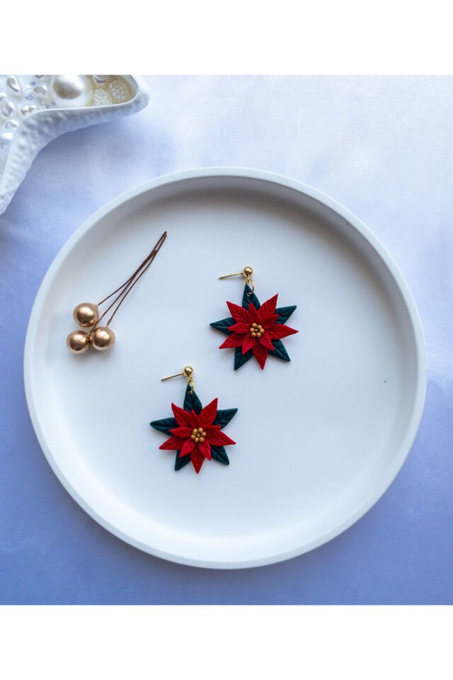 Özel Tasarım Renkli Polimer Kil Kırmızı Çiçek Detay Küpe