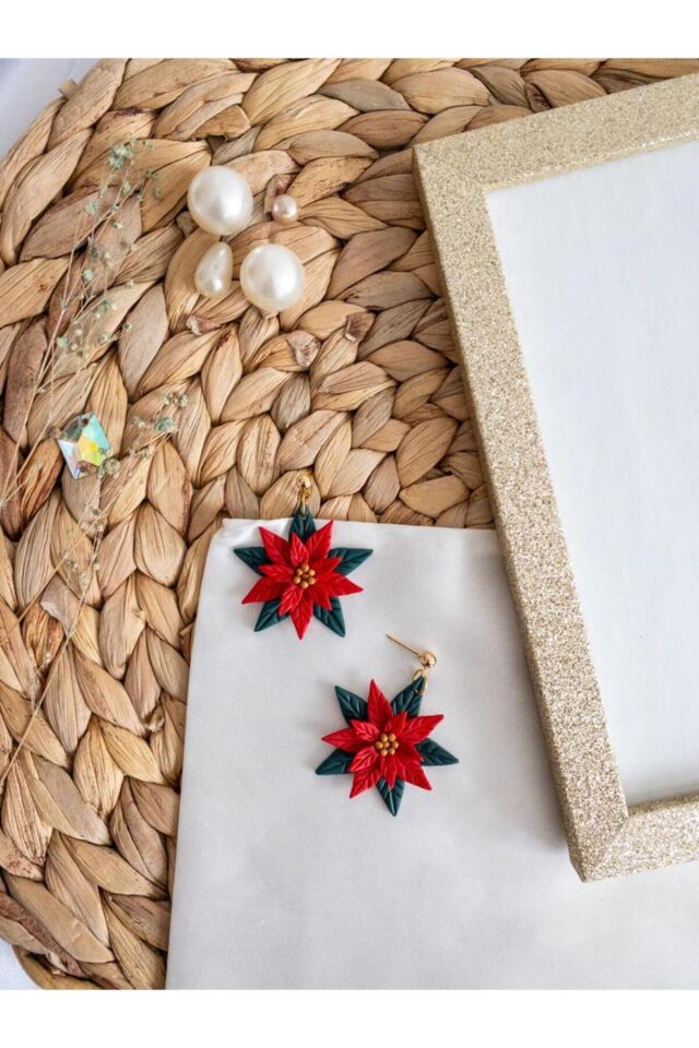 Özel Tasarım Renkli Polimer Kil Kırmızı Çiçek Detay Küpe