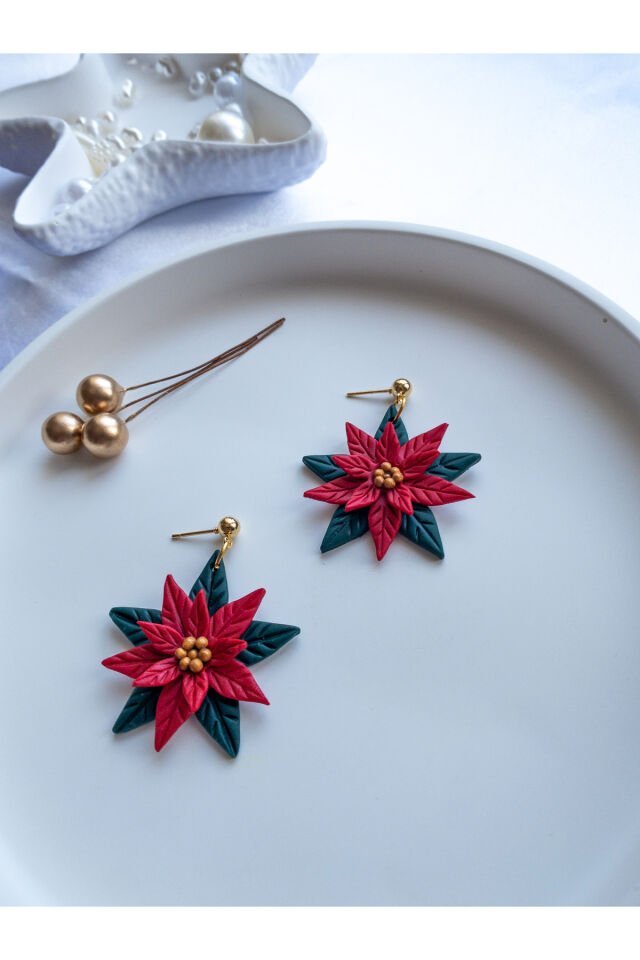 Özel Tasarım Renkli Polimer Kil Kırmızı Çiçek Detay Küpe