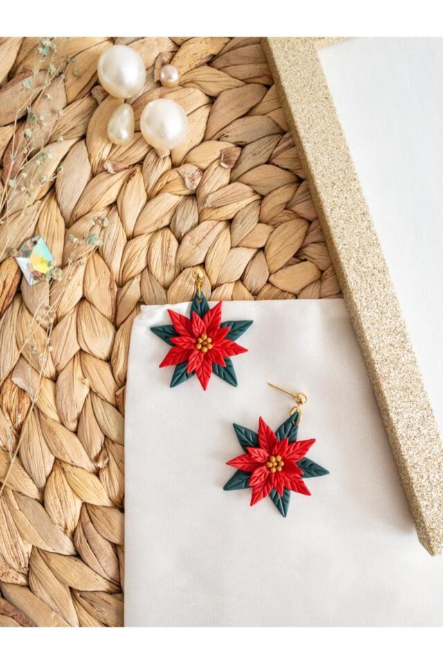 Özel Tasarım Renkli Polimer Kil Kırmızı Çiçek Detay Küpe