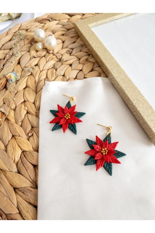 Özel Tasarım Renkli Polimer Kil Kırmızı Çiçek Detay Küpe