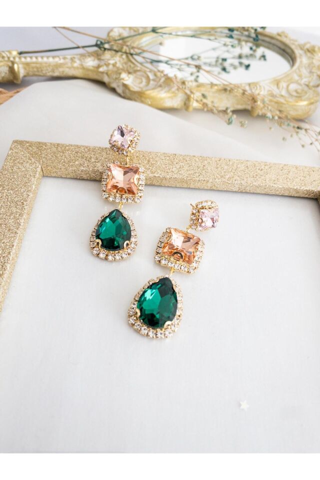 Renkli Kristal Baget ve Zümrüt Damla Taşlı Su Yolu Çerçeve Küpe