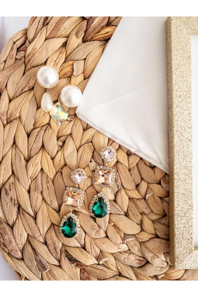 Renkli Kristal Baget ve Zümrüt Damla Taşlı Su Yolu Çerçeve Küpe