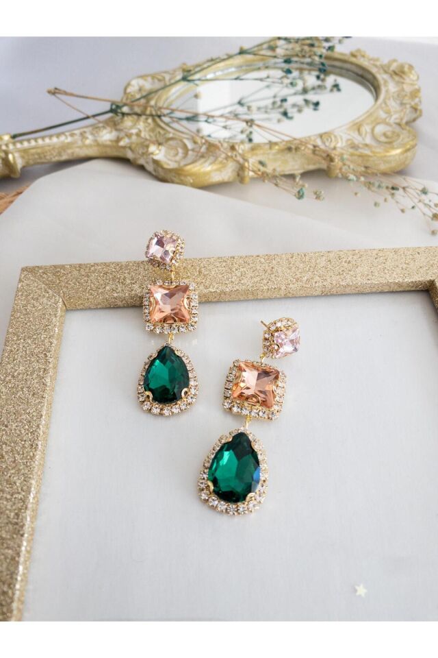 Renkli Kristal Baget ve Zümrüt Damla Taşlı Su Yolu Çerçeve Küpe