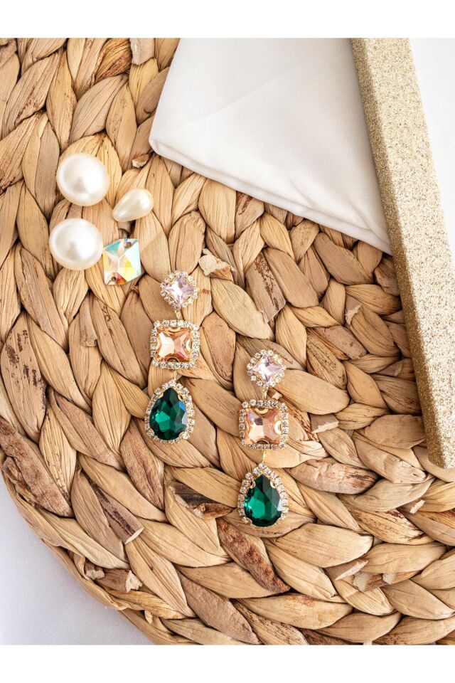 Renkli Kristal Baget ve Zümrüt Damla Taşlı Su Yolu Çerçeve Küpe