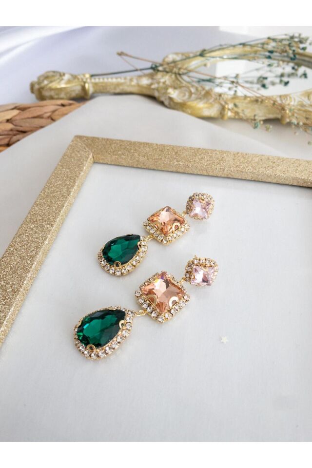 Renkli Kristal Baget ve Zümrüt Damla Taşlı Su Yolu Çerçeve Küpe