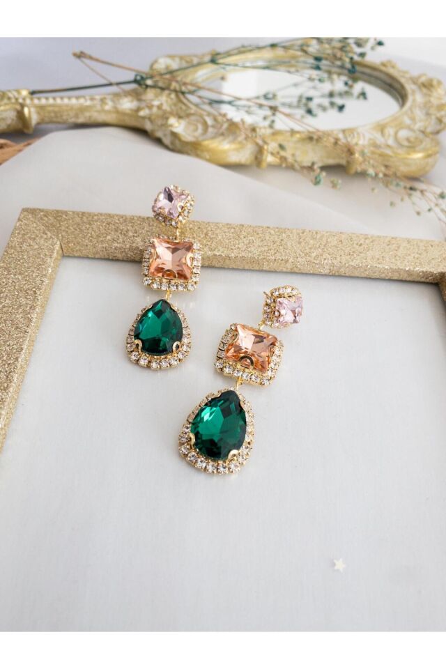 Renkli Kristal Baget ve Zümrüt Damla Taşlı Su Yolu Çerçeve Küpe