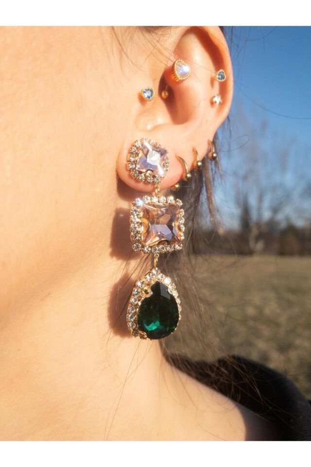 Renkli Kristal Baget ve Zümrüt Damla Taşlı Su Yolu Çerçeve Küpe