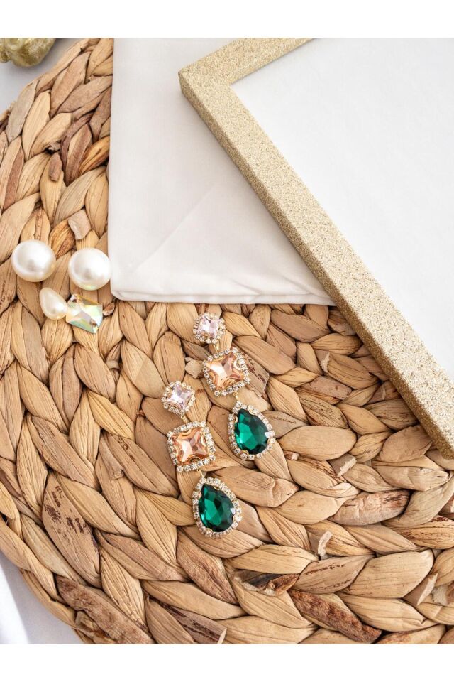 Renkli Kristal Baget ve Zümrüt Damla Taşlı Su Yolu Çerçeve Küpe