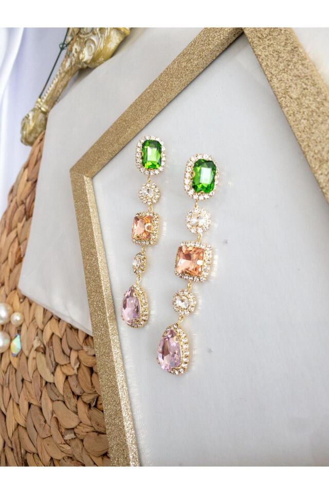 Renkli Kristal Baget ve Zümrüt Damla Taşlı Su Yolu Çerçeve Maksi Boy Küpe