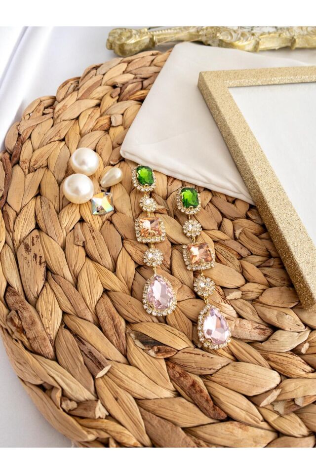 Renkli Kristal Baget ve Zümrüt Damla Taşlı Su Yolu Çerçeve Maksi Boy Küpe