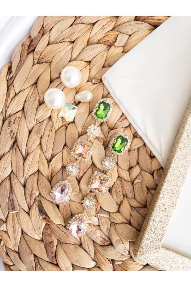 Renkli Kristal Baget ve Zümrüt Damla Taşlı Su Yolu Çerçeve Maksi Boy Küpe