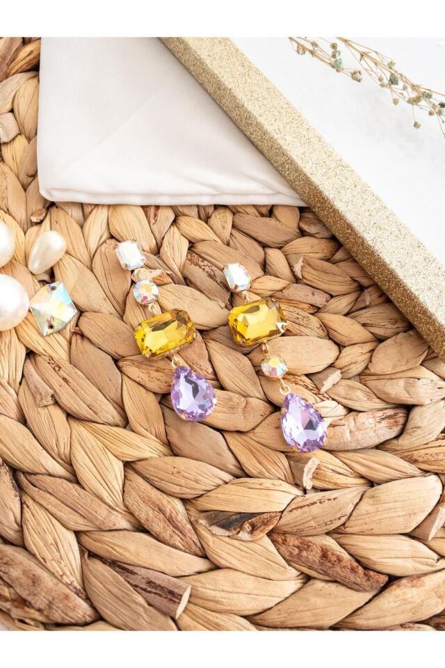 Renkli Parlak Kristal Taşlı Baget Küpe