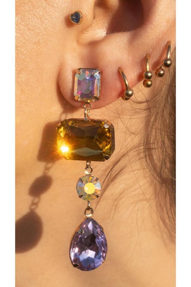 Renkli Parlak Kristal Taşlı Baget Küpe