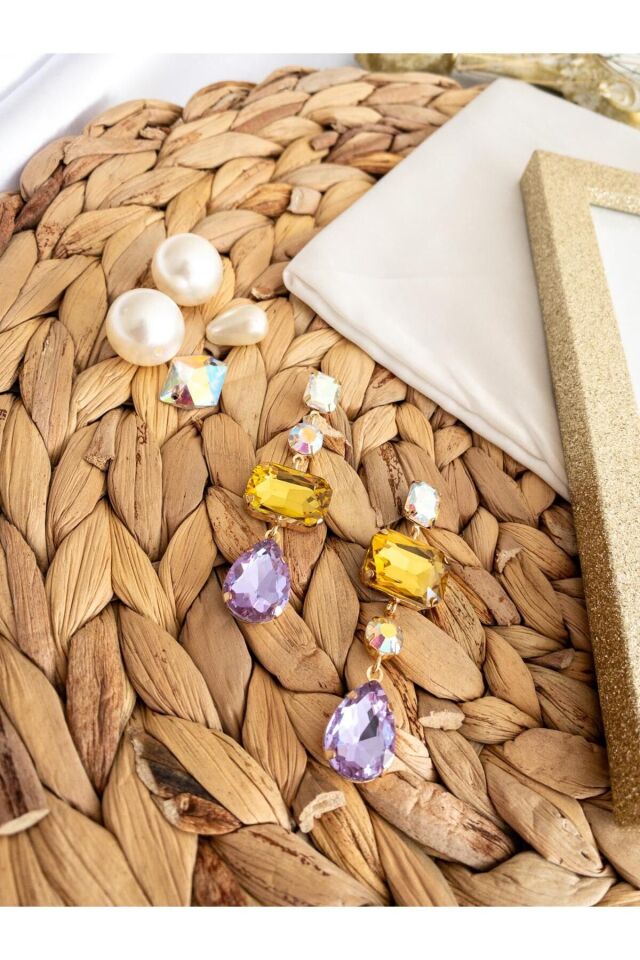 Renkli Parlak Kristal Taşlı Baget Küpe