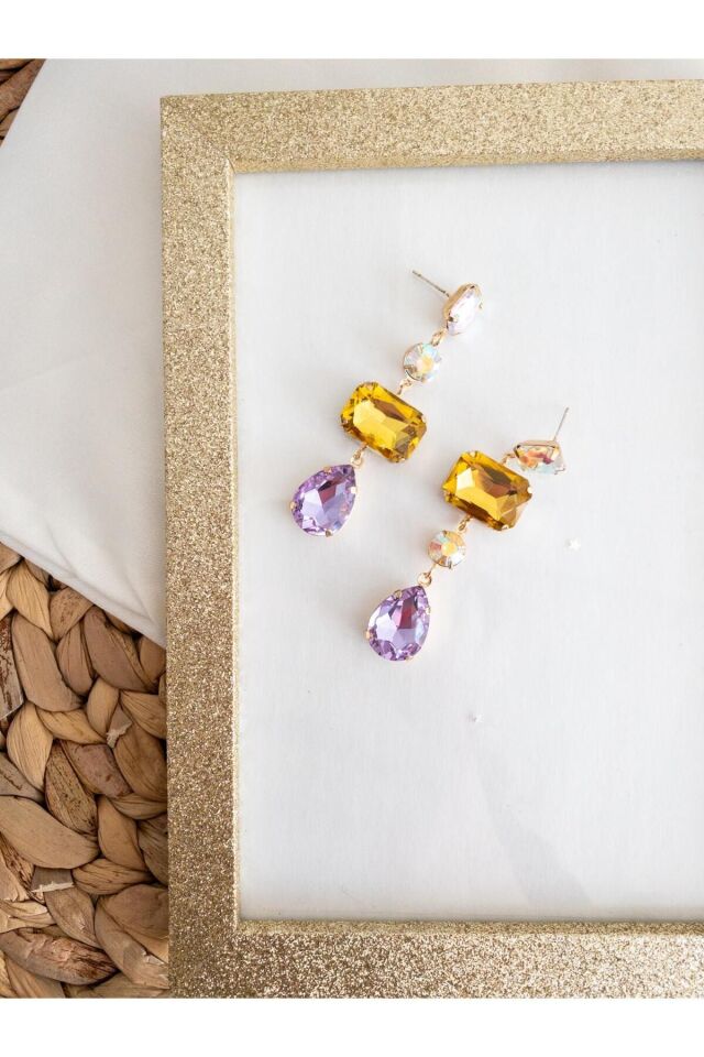 Renkli Parlak Kristal Taşlı Baget Küpe