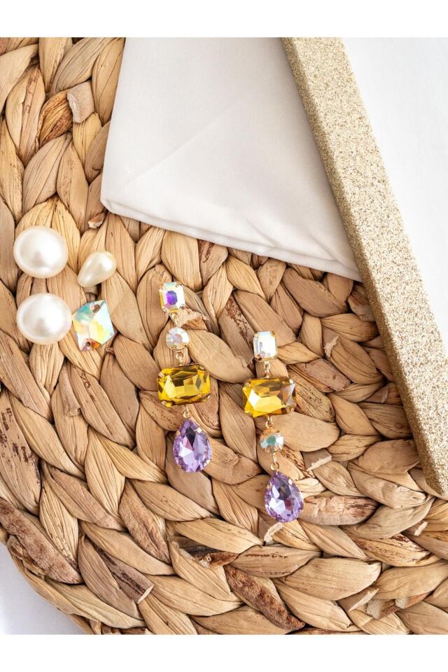 Renkli Parlak Kristal Taşlı Baget Küpe