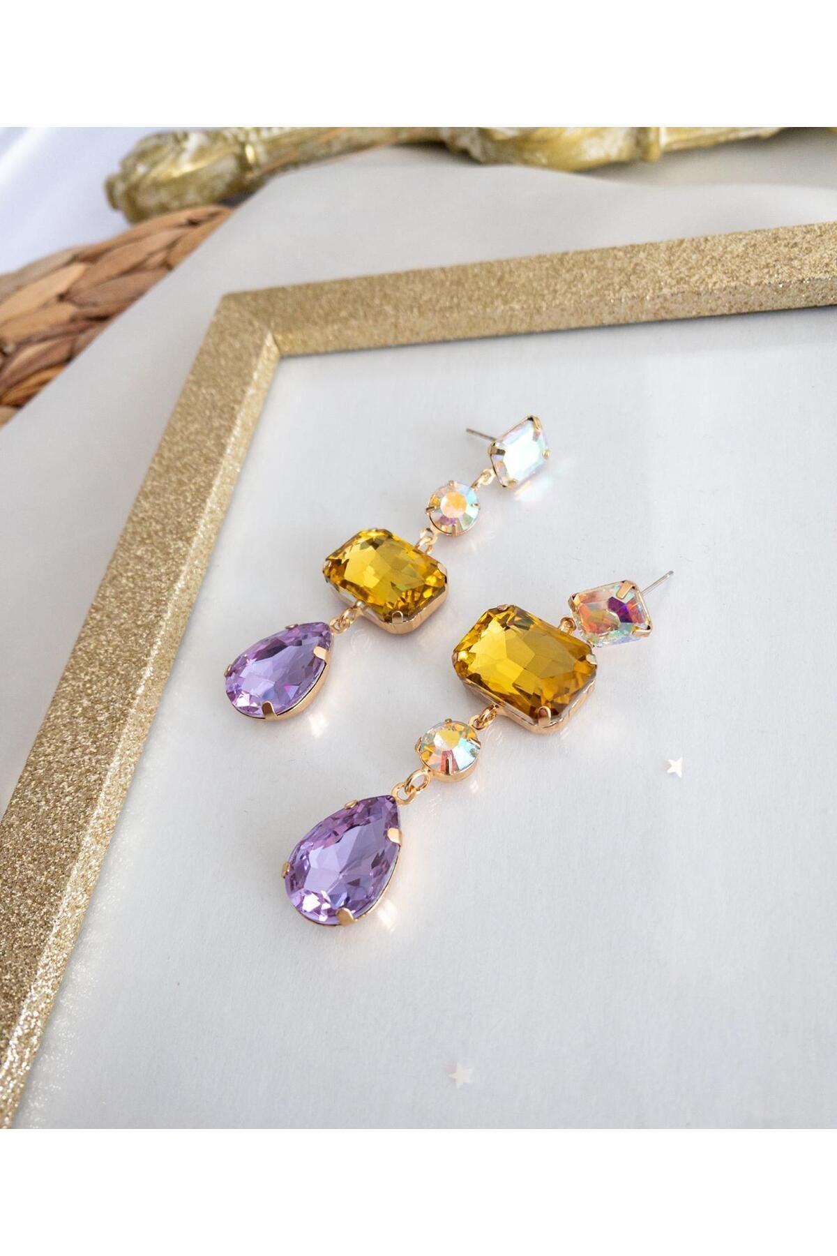 Renkli Parlak Kristal Taşlı Baget Küpe