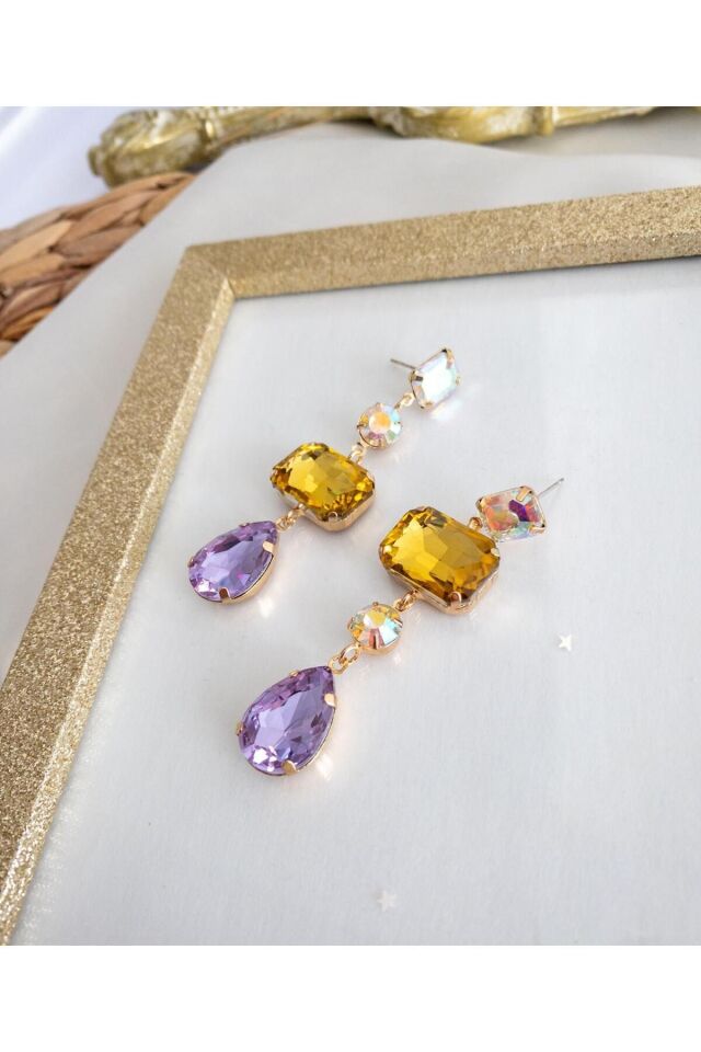 Renkli Parlak Kristal Taşlı Baget Küpe