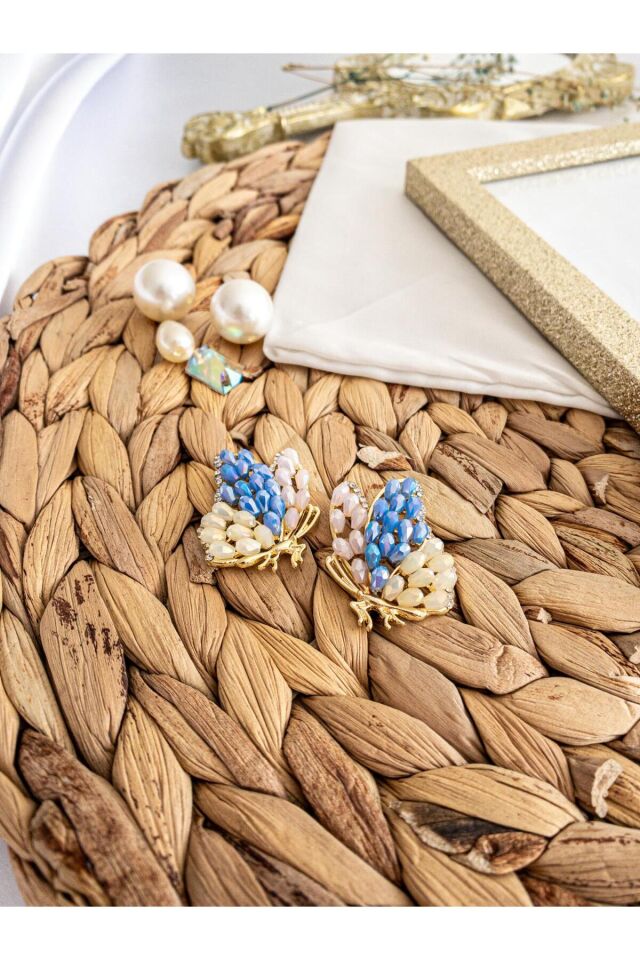 Parlak Boncuk İşlemeli Su Yolu Çerçeve Gold Kelebek Küpe