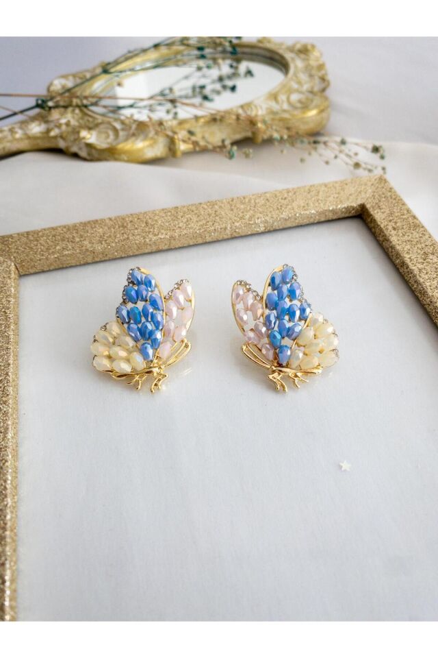 Parlak Boncuk İşlemeli Su Yolu Çerçeve Gold Kelebek Küpe