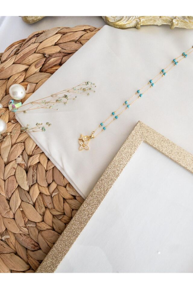 Zirkon Taşlı Çiçekli Mavi Boncuk Detay Çelik Kolye