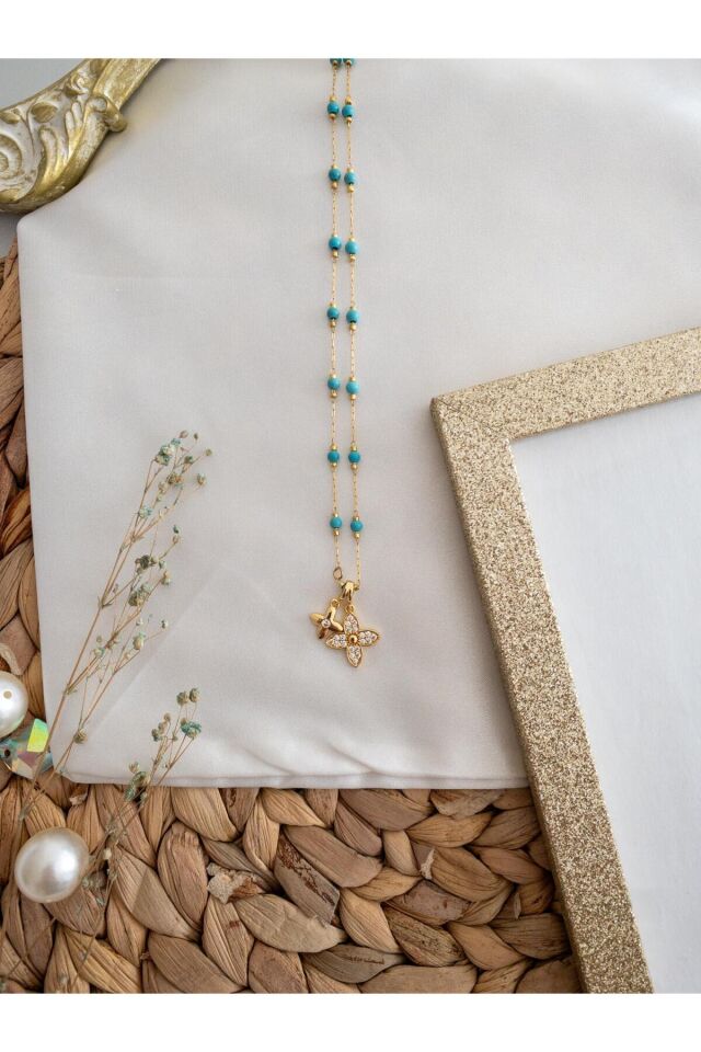 Zirkon Taşlı Çiçekli Mavi Boncuk Detay Çelik Kolye