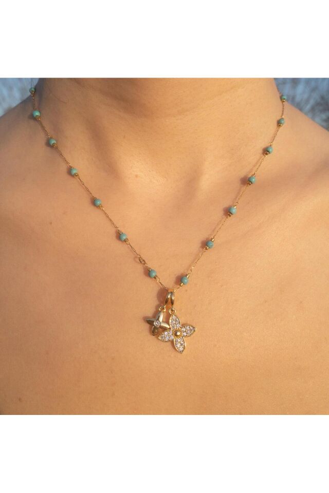 Zirkon Taşlı Çiçekli Mavi Boncuk Detay Çelik Kolye