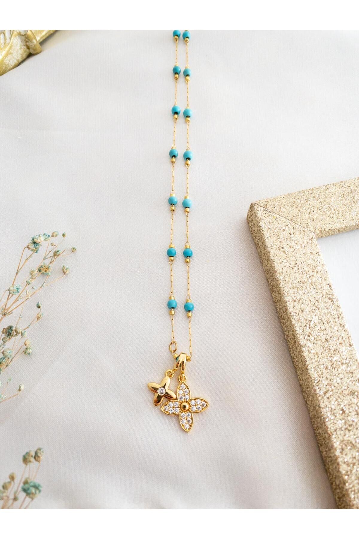 Zirkon Taşlı Çiçekli Mavi Boncuk Detay Çelik Kolye