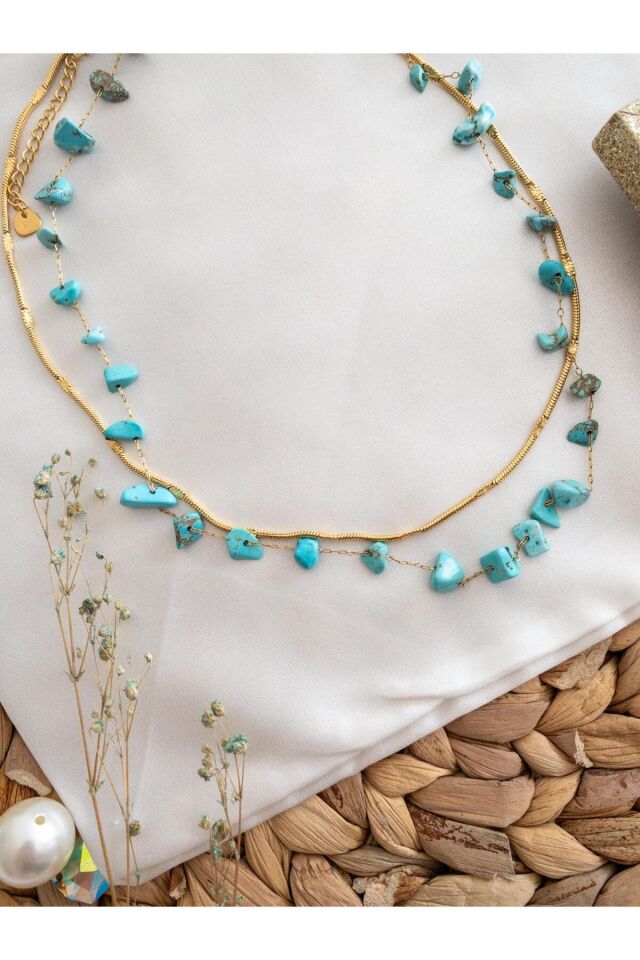 Çift Çelik Zincir Mavi Doğal Taş Detay Kolye