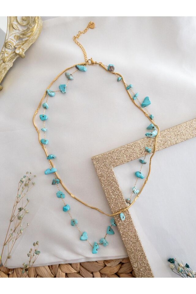 Çift Çelik Zincir Mavi Doğal Taş Detay Kolye