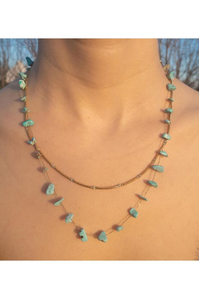 Çift Çelik Zincir Mavi Doğal Taş Detay Kolye