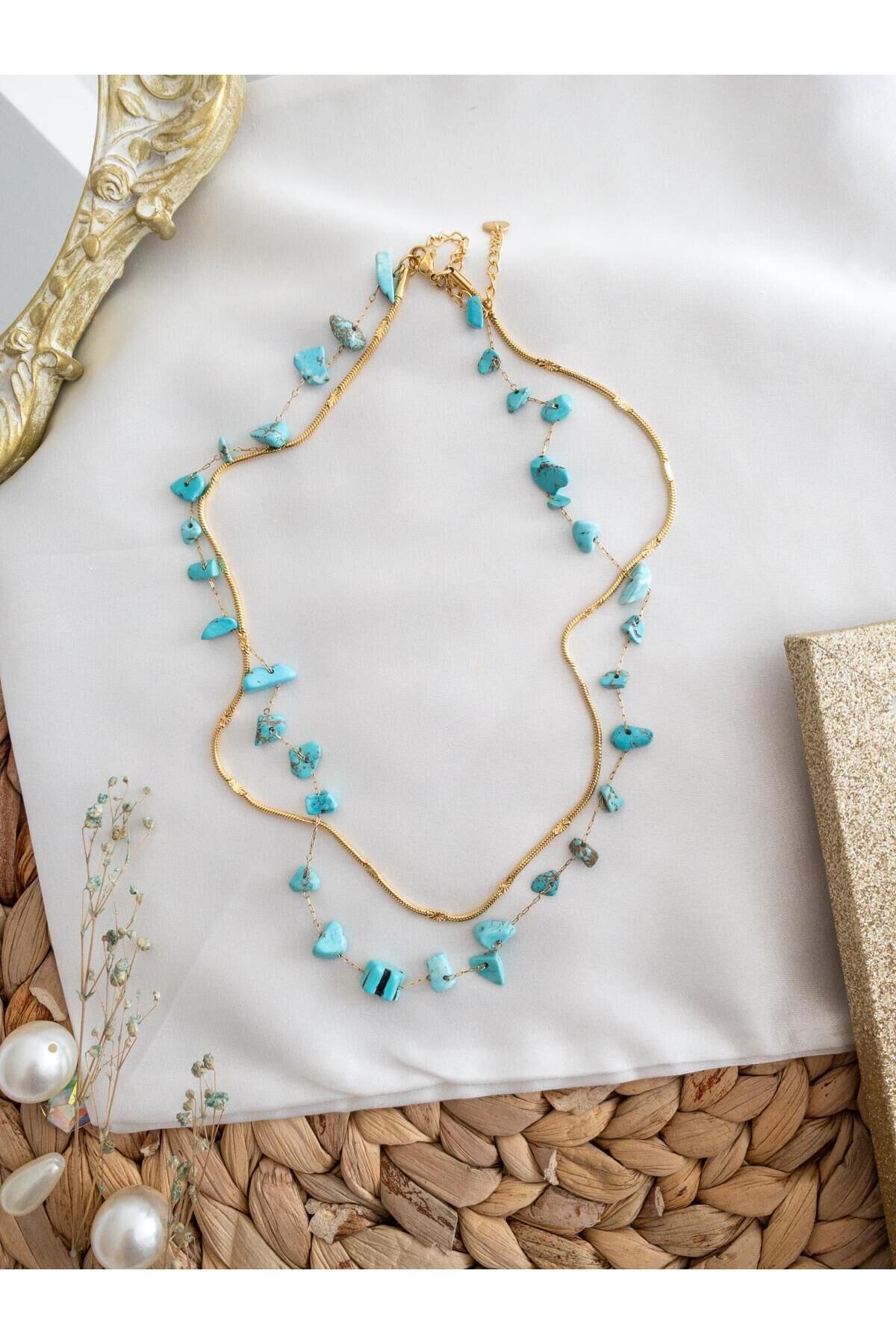 Çift Çelik Zincir Mavi Doğal Taş Detay Kolye