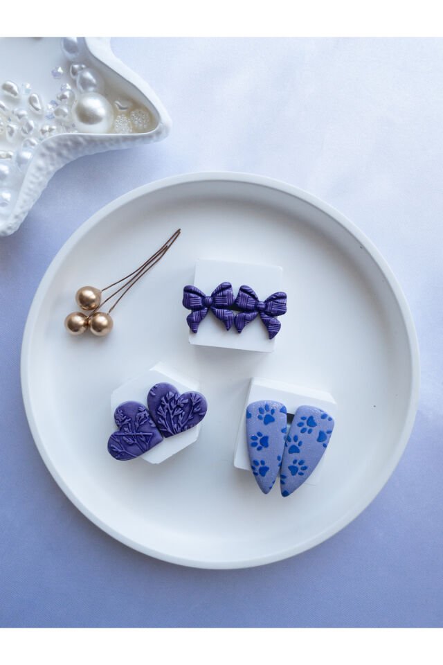 Özel Tasarım Mor Polimer Kil Simli Pati Desen Kalp ve Kurdele Küpe Seti